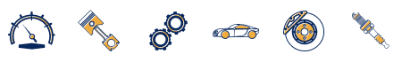 Speedometer icon, Piston icon, Gears icon, Car icon, ABS icon, Shocks icon